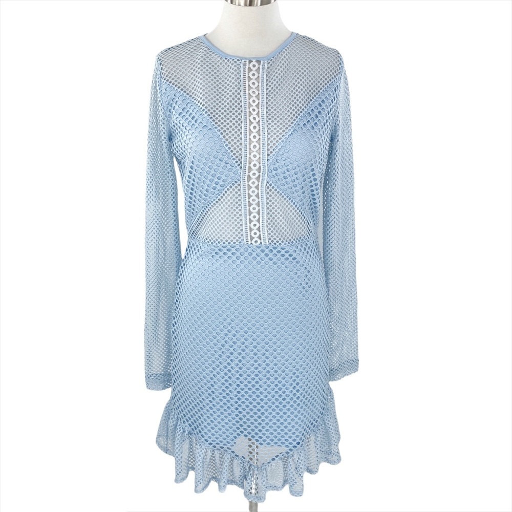 Boohoo Tall Lite Blue Net Ruffle Long Sleeve Dress